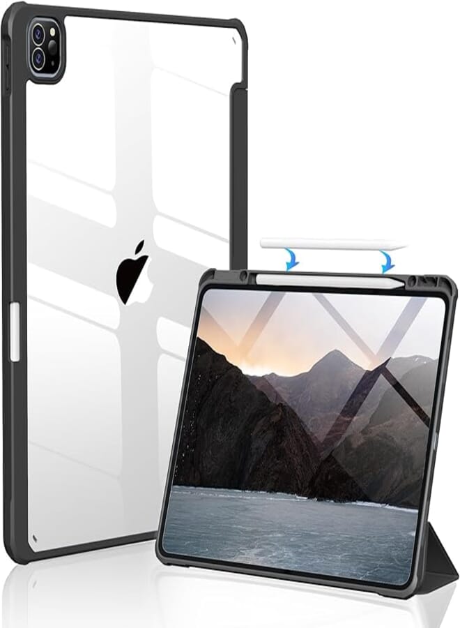 Kenke New iPad Pro 12.9 Inch Case with Pencil Holder 6th/5th/4th Gen 2022/2021/2020, Slim Smart Protective Cover Support 2nd Gen Pencil Charging Acrylic Hard PC Transparent Back Shell (Black)